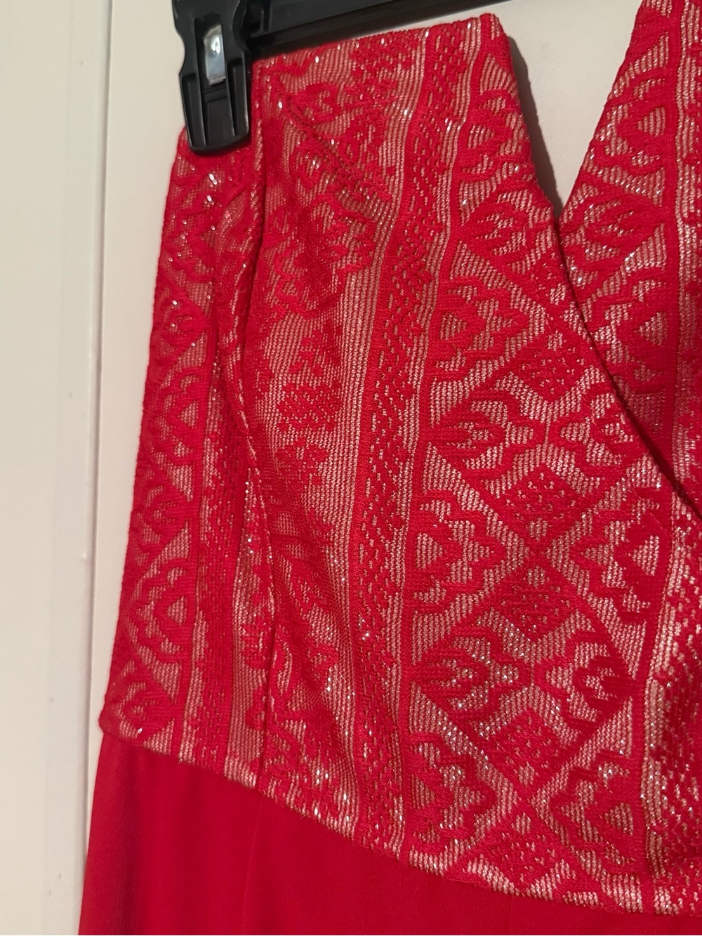 Francesca's Collections Red and Gold Patterned Jumpsuit